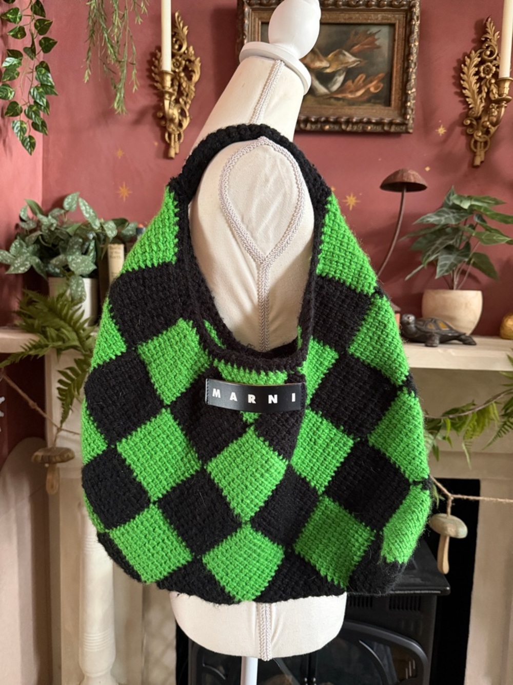Marni Black & Green Checker Crochet Shoulder Bag